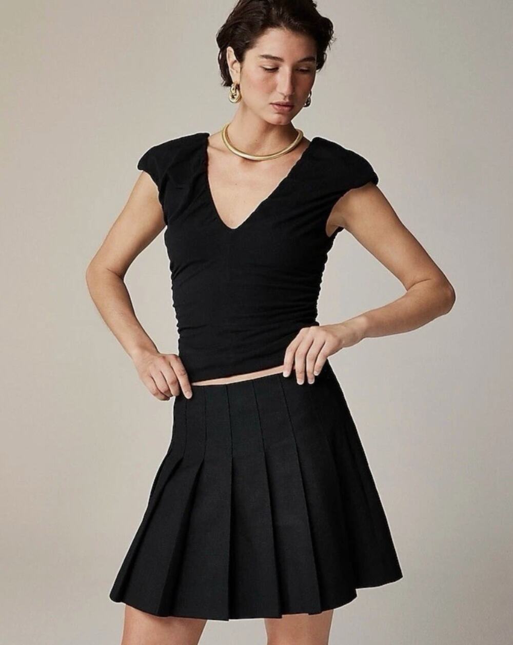 J.Crew Ruched V-Neck Top Stretch Cotton Blend in Black Style CA527 Size M NWT